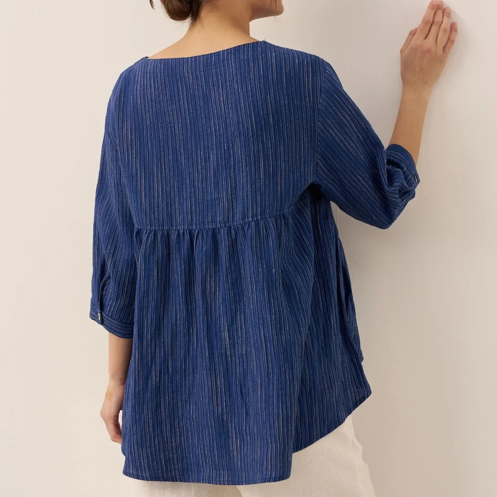 Lintico 100% Linen Florence Top Blue Women's Medium Striped Lagenlook - Picture 2 of 14